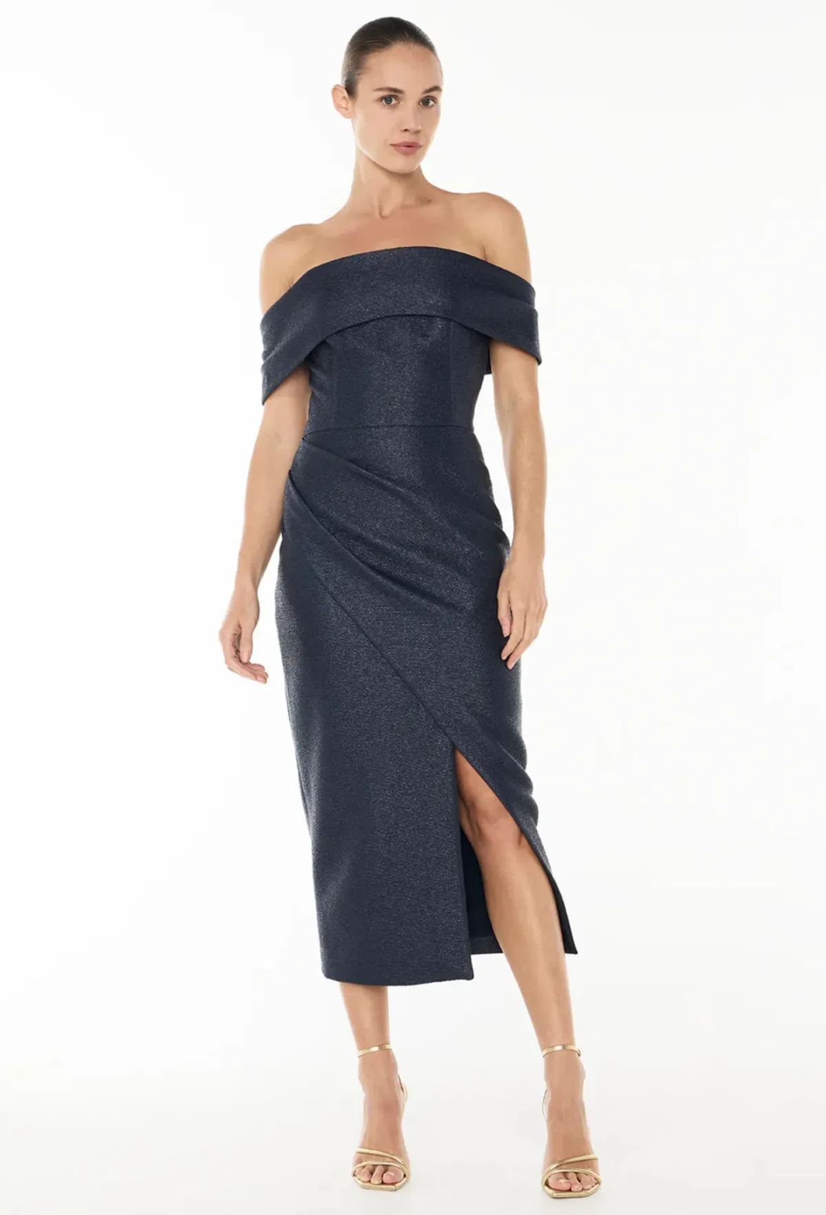 Manning Cartel Micro Weave Off Shoulder Dress Navy Size 12 - Image 1