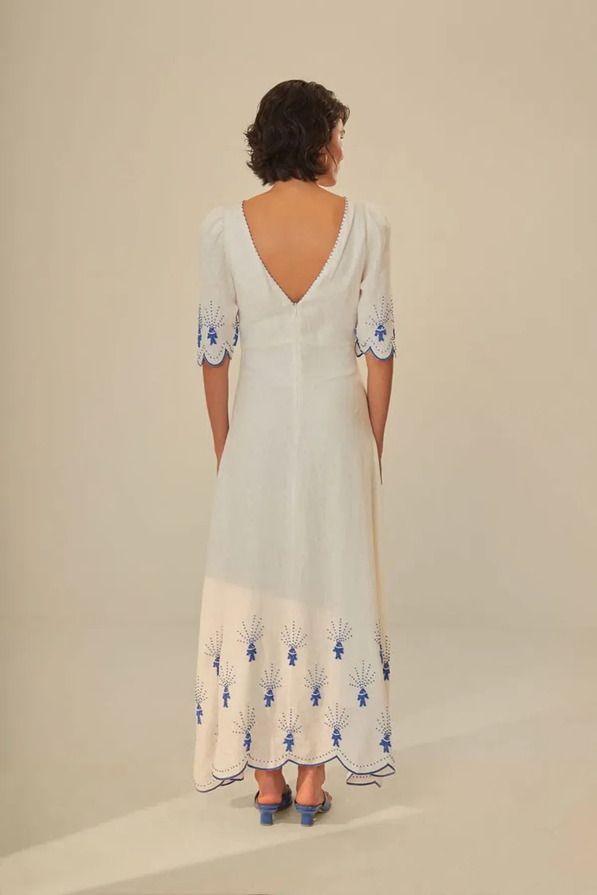 Farm Rio Sea of Fish Embroidered Midi Dress in Off White Size AU6 - Image 2