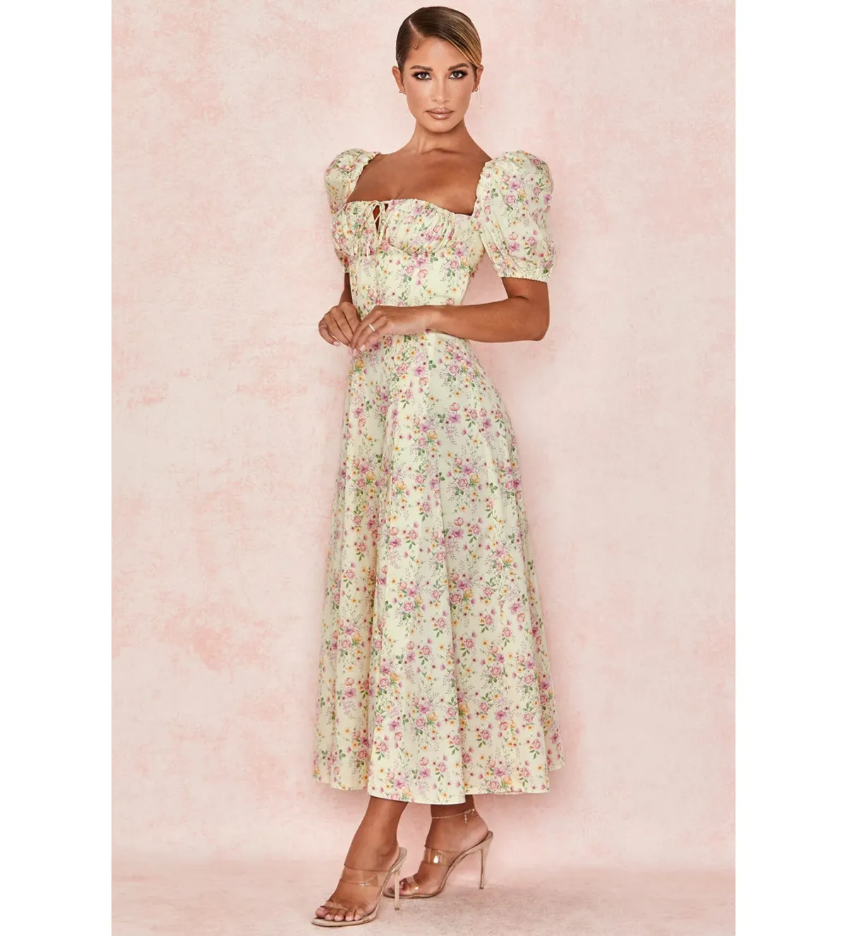 House of CB Tallulah Lemon Floral Puff Sleeve Midi Sundress Size 8 - Image 3