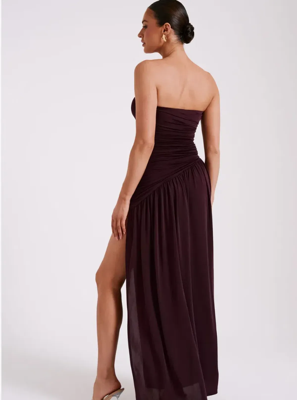 Meshki Bex Strapless Slinky Maxi Dress With Split in Burgundy Size AU10 - Image 2
