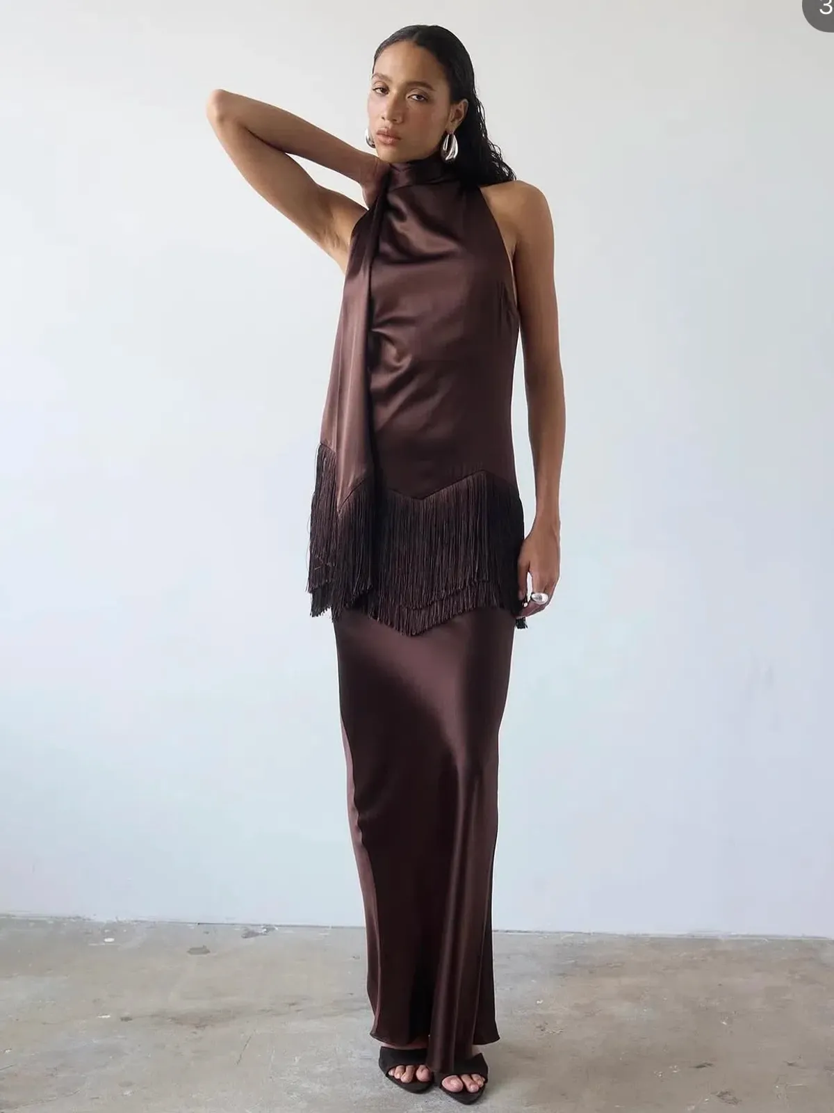 De La Vali Khamsin Maxi Dress in Cedar Silk Satin Size AU6 - Image 1