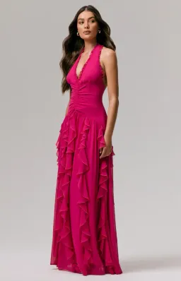 Bea Plunge Neck Ruffled Maxi Dress Hot Pink Size AU 6 for rent on The Volte - image 2