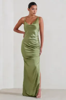 Club L london ruched cowl maxi dress olive color size 6 for rent on The Volte - image 1