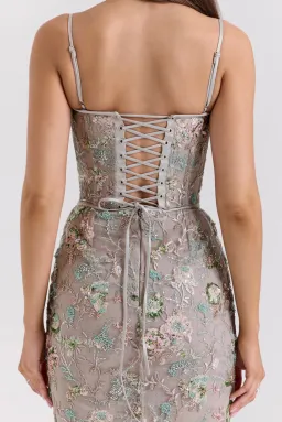 House of CB Naima Embellished Beaded Corset Maxi Dress Silver size 6 for rent on The Volte - image 7