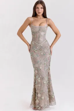 House of CB Naima Embellished Beaded Corset Maxi Dress Silver size 6 for rent on The Volte - image 1