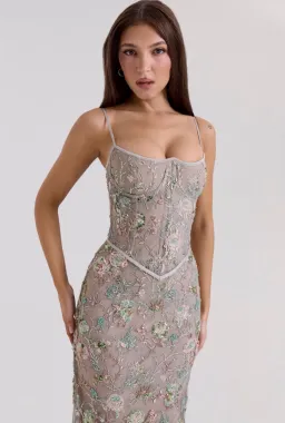 House of CB Naima Embellished Beaded Corset Maxi Dress Silver size 8 for rent on The Volte - image 3