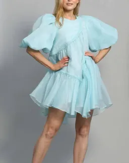  Aje Riviera Asymmetric Braided Puff Sleeve Smock Dress Blue Size 12 for rent on The Volte - image 1