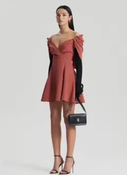 Scanlan Theodore Cape Sleeve Mini Dress in colour Sepia, Size 10. for rent on The Volte - image 1