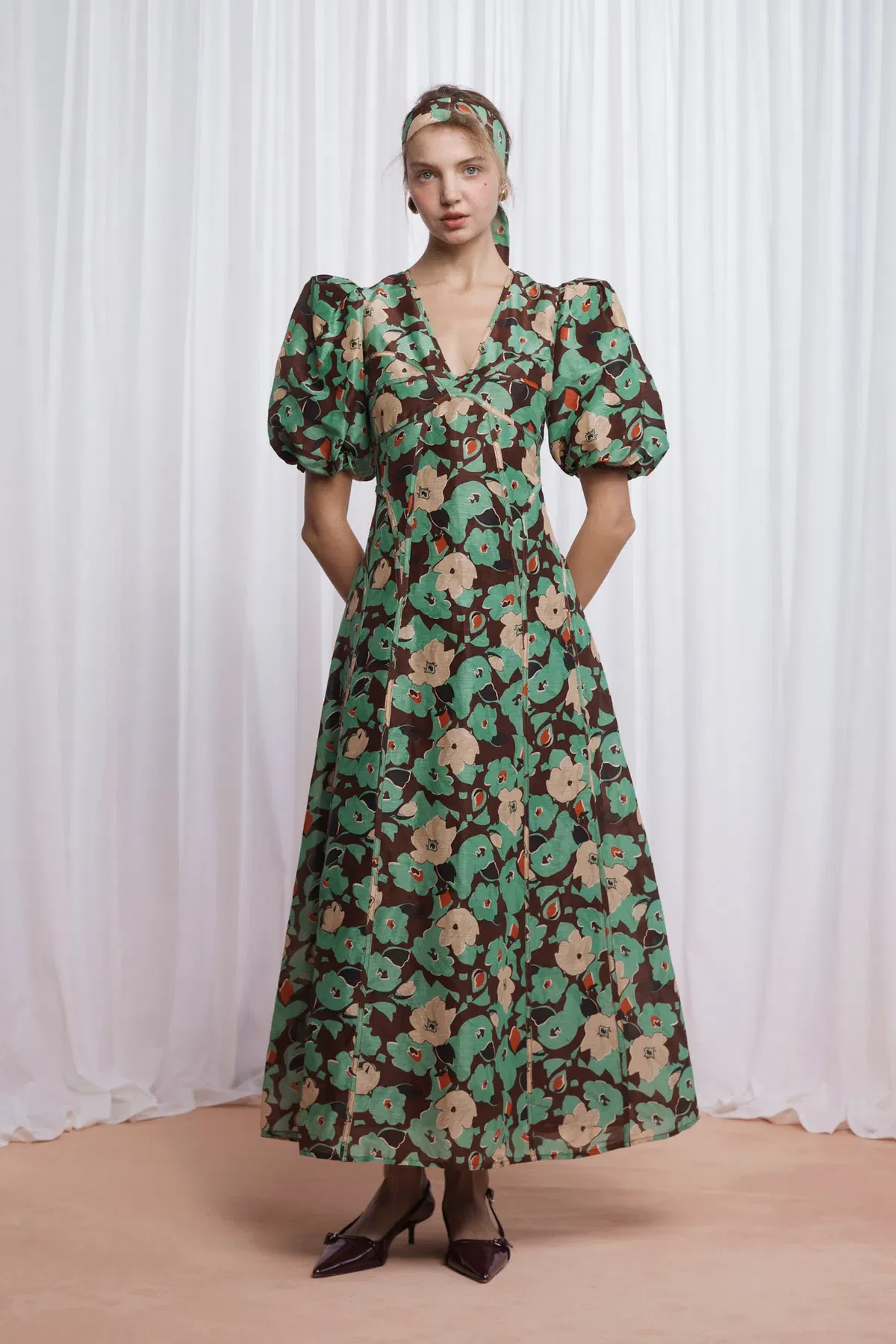 Lovaan Adeline Silk Linen Floral Dress Green Size 10/M - Image 2