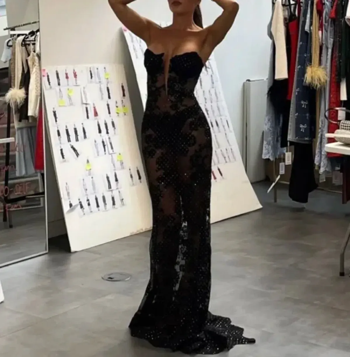 Self Portrait Rhinestone Embellished Sheer Gown Black Size AU 12 - Image 3