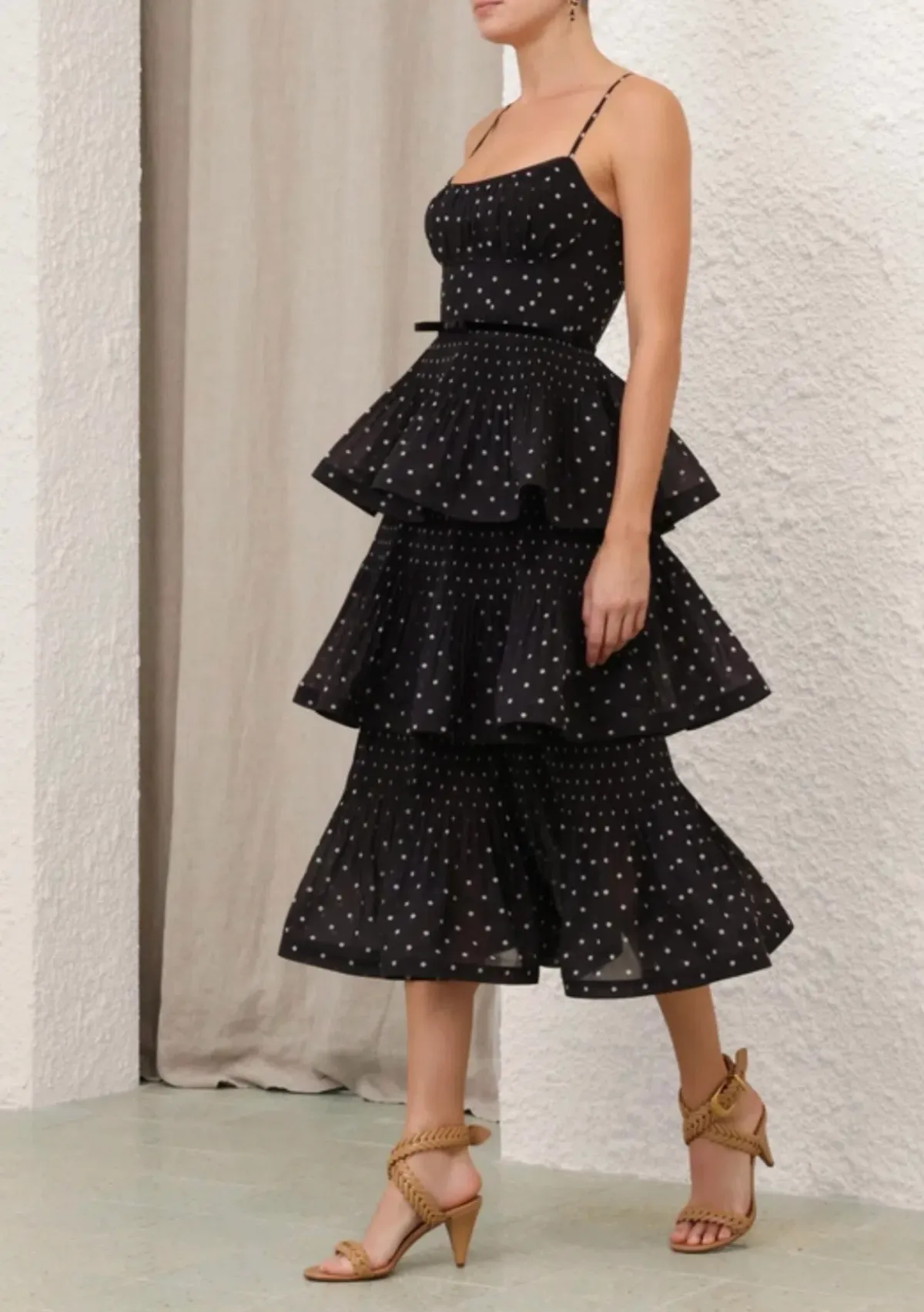 Zimmermann Pleated Tiered Midi Dress in Black Polka Dot Size 2/AU 12 - Image 2