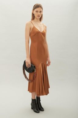 Hansen and Gretel sleek silk tan midi dress size 10 for rent on The Volte - image 1