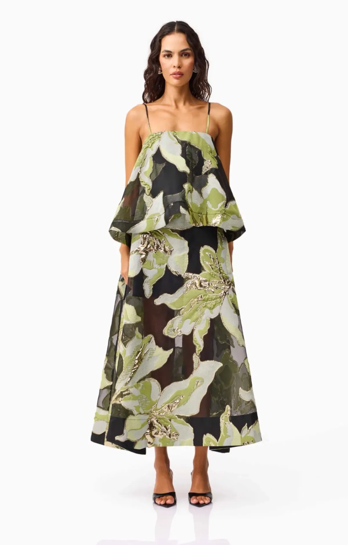Elliatt Elysia Tiered Gown in Black & Green Floral Size 10 - Image 1