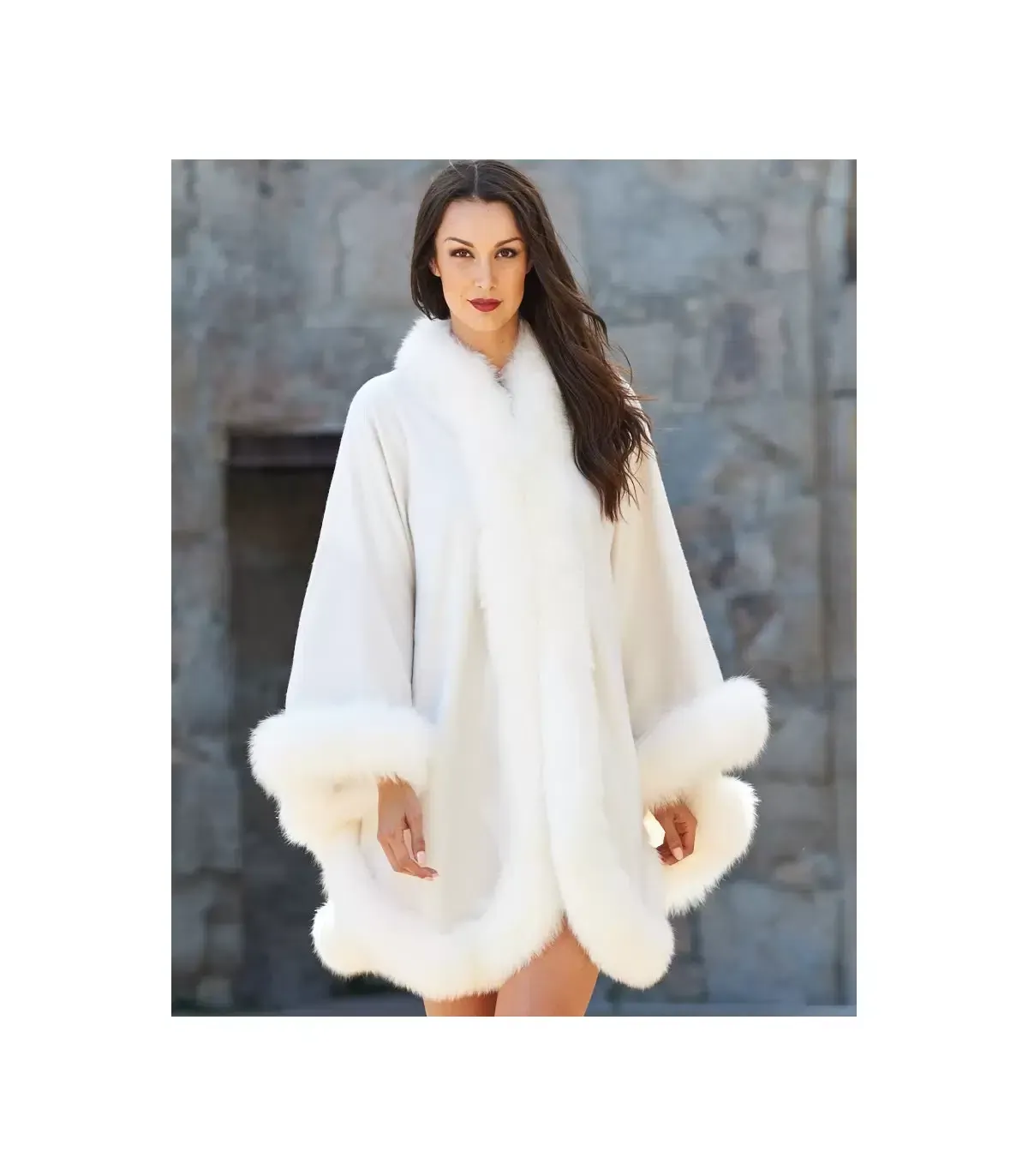 Fur Hat World - Cashmere Cape with Fox Fur Trim - Ivory - O/S - Image 5