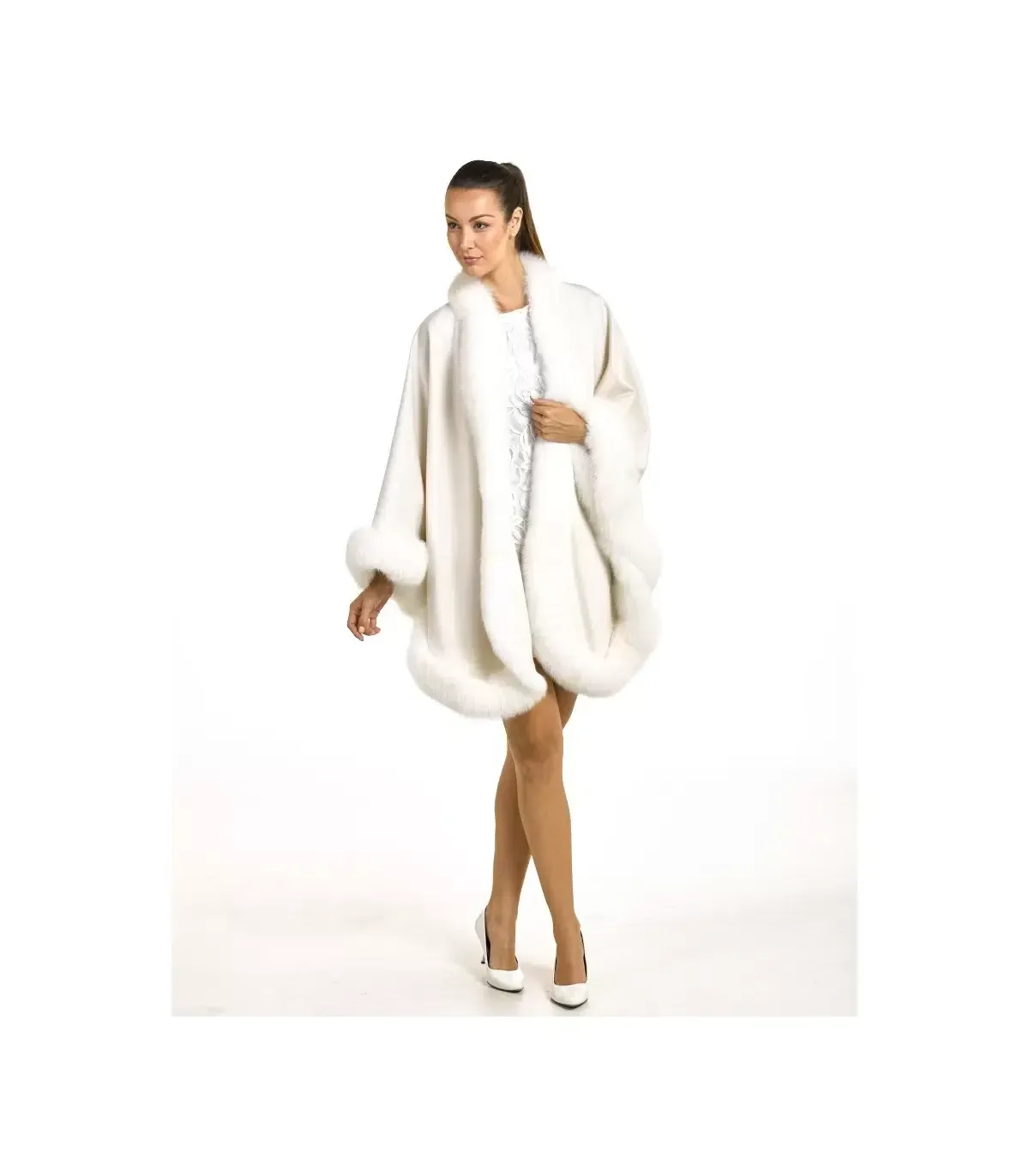 Fur Hat World - Cashmere Cape with Fox Fur Trim - Ivory - O/S - Image 1
