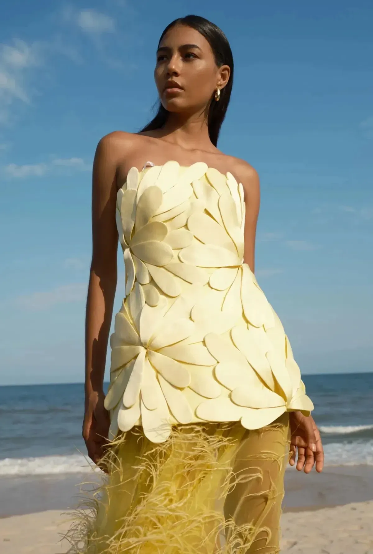 Justin Tong Marisol Applique Gown Yellow Feather Sheer Dress Size 10 - Image 10