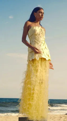 Justin Tong Marisol Applique Gown Yellow Feather Sheer Dress Size 10 for rent on The Volte - image 9