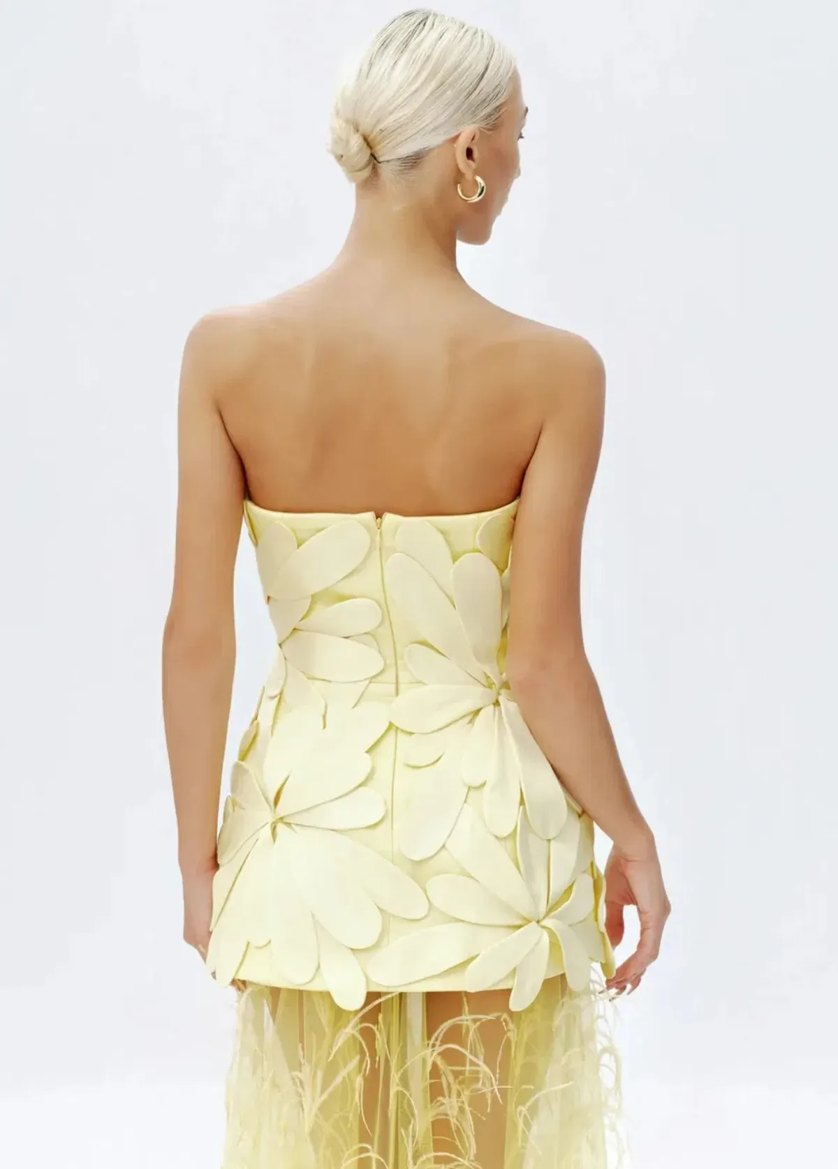 Justin Tong Marisol Applique Gown Yellow Feather Sheer Dress Size 10 - Image 6