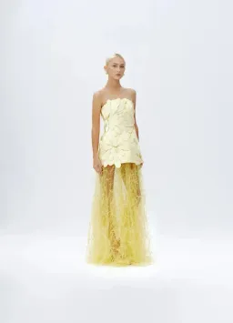 Justin Tong Marisol Applique Gown Yellow Feather Sheer Dress Size 10 for rent on The Volte - image 4