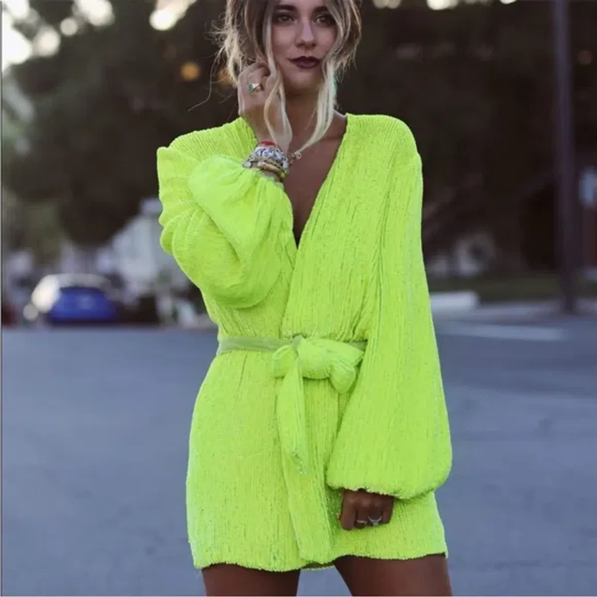 Retrofete Gabrielle Sequin Robe Dress Neon Lime Yellow Size Small S - Image 4