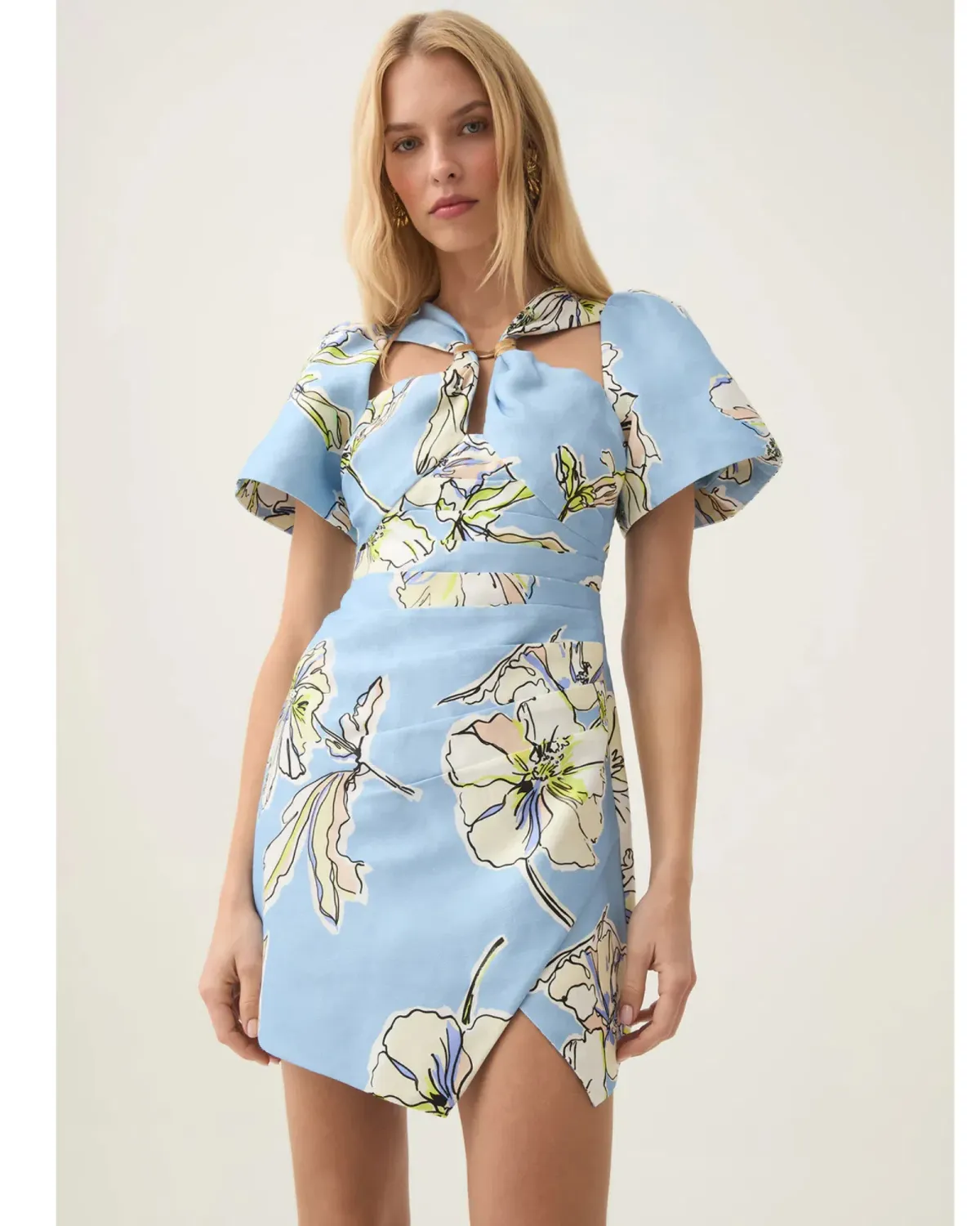Aje Presence Twisted Mini Dress Blue Hibiscus Size AU 12 - Image 1