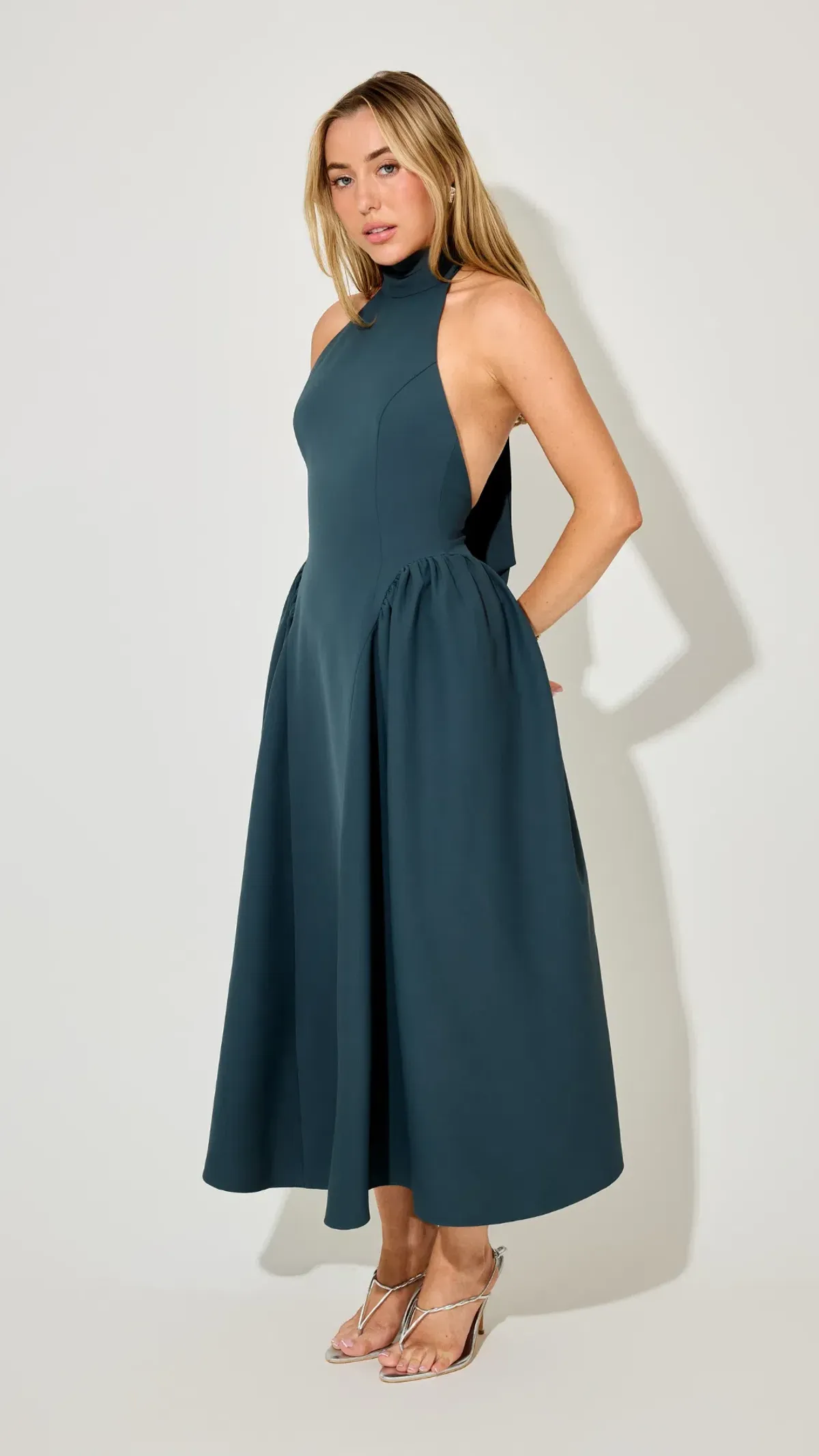 Odd Muse Tie Neck Gathered Midi Dress in Teal Size S (8) - Image 2
