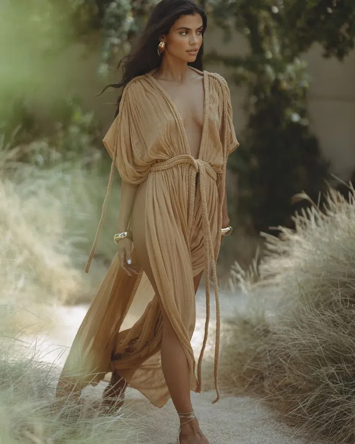 CALLIOPE SHEER MAXI ROBE DRESS CARAMEL - Image 1