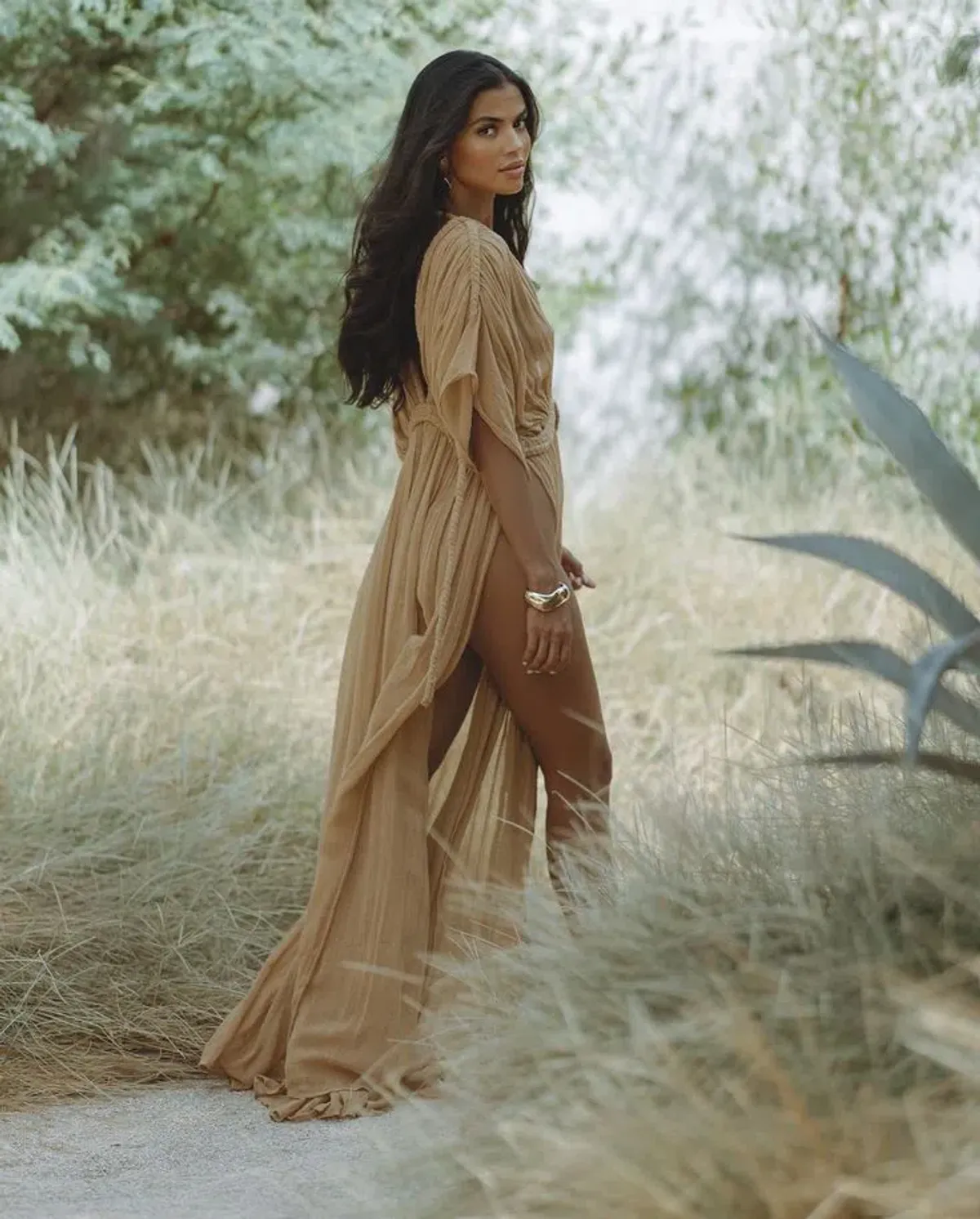 CALLIOPE SHEER MAXI ROBE DRESS CARAMEL - Image 2
