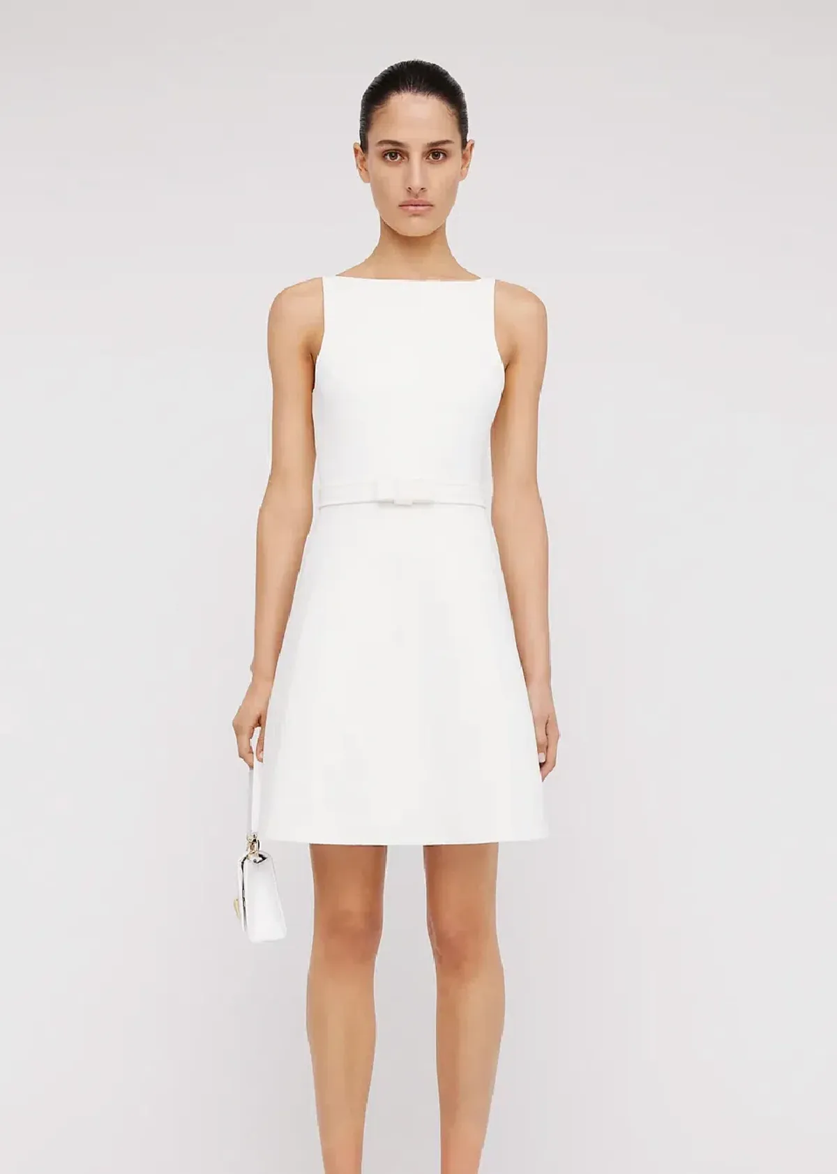 Crepe Knit Bow Bell Dress White With Belt - Image 2