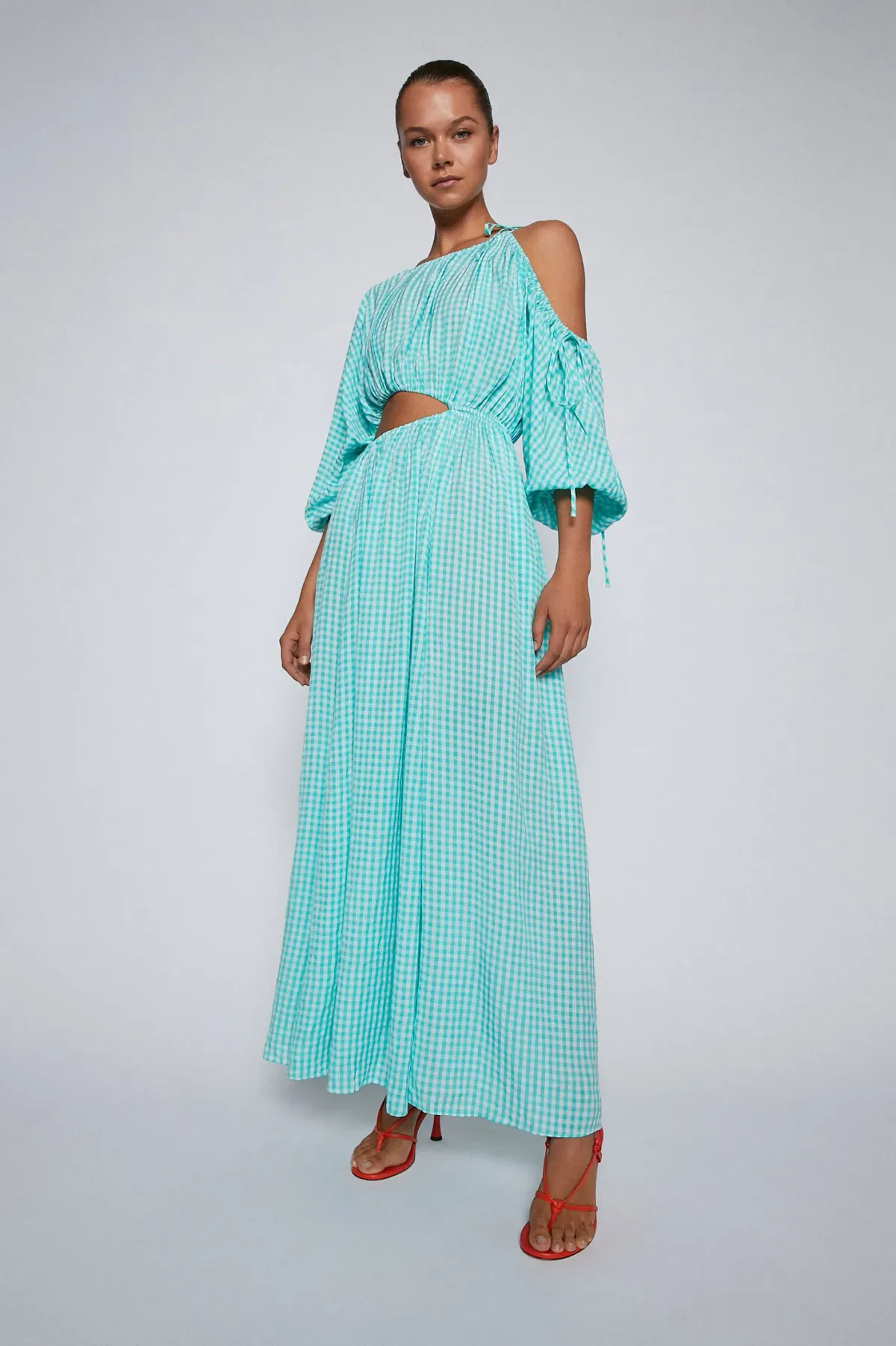 Turquoise Gingham Drawstring Dress - Image 2