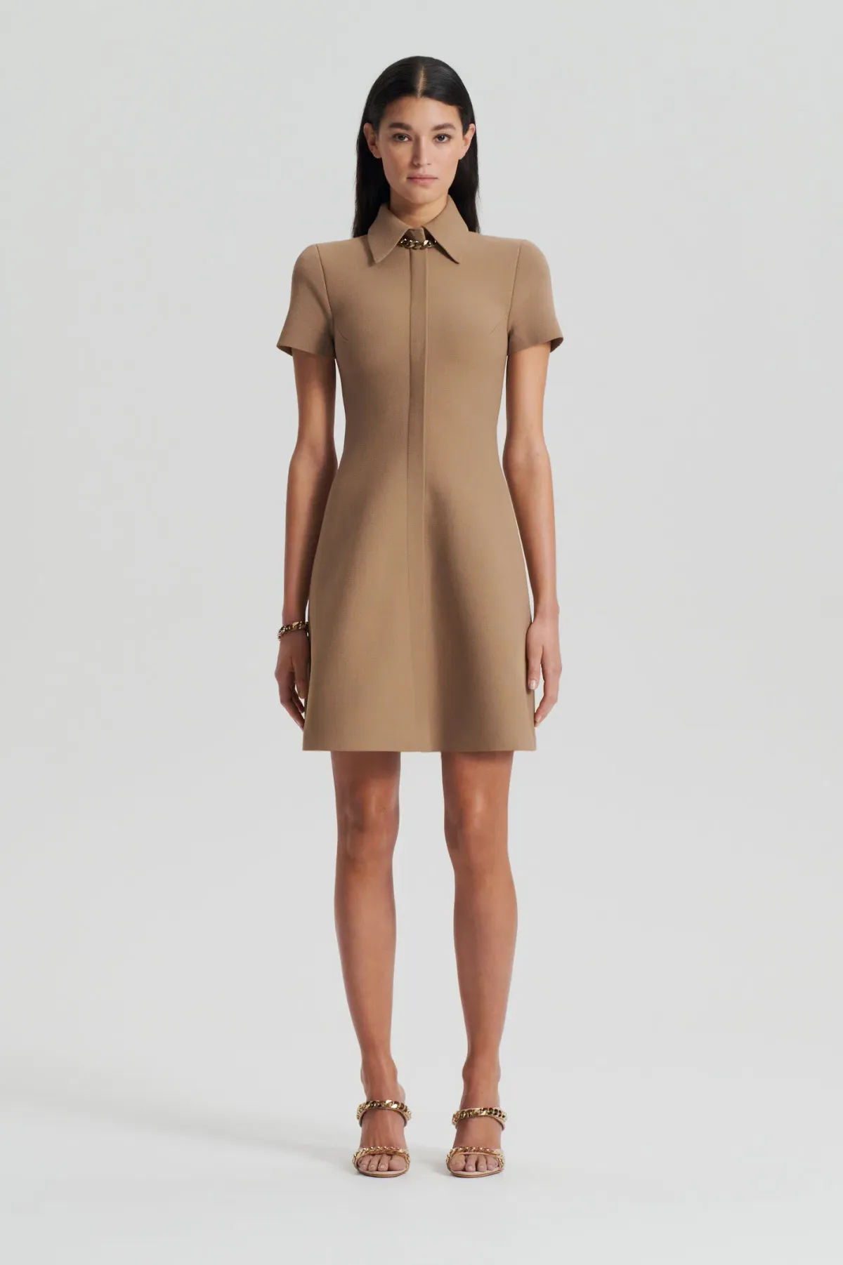 Crepe Knit Zip Shirt Mini Dress Camel - Image 1