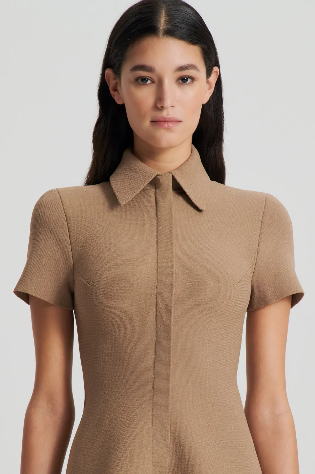 Crepe Knit Zip Shirt Mini Dress Camel - Image 5
