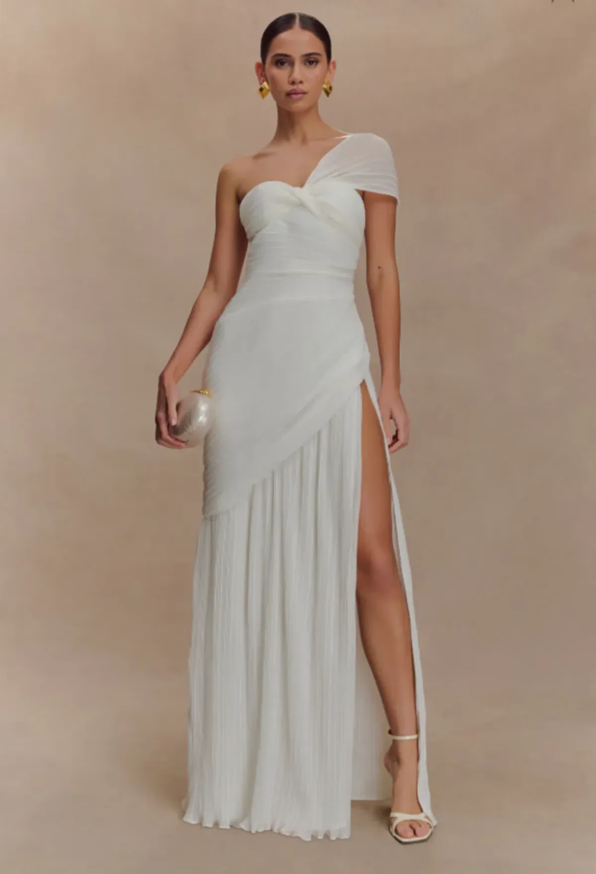 Meshki White Shirred Chiffon Maxi Dress - Image 1