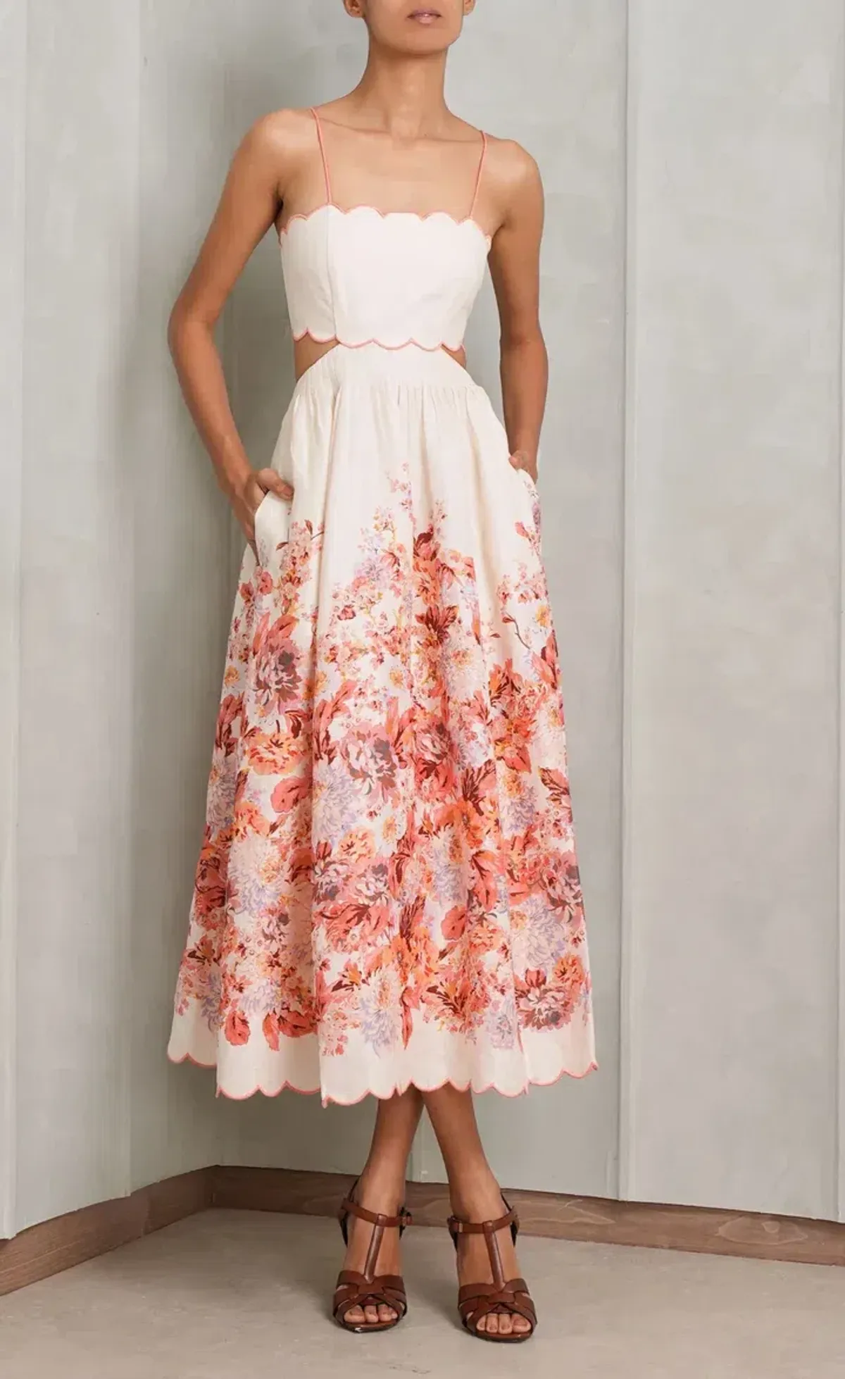 Zimmermann Devi Scallop Midi Dress in Cream Floral Size 4 / AU 16 - Image 2