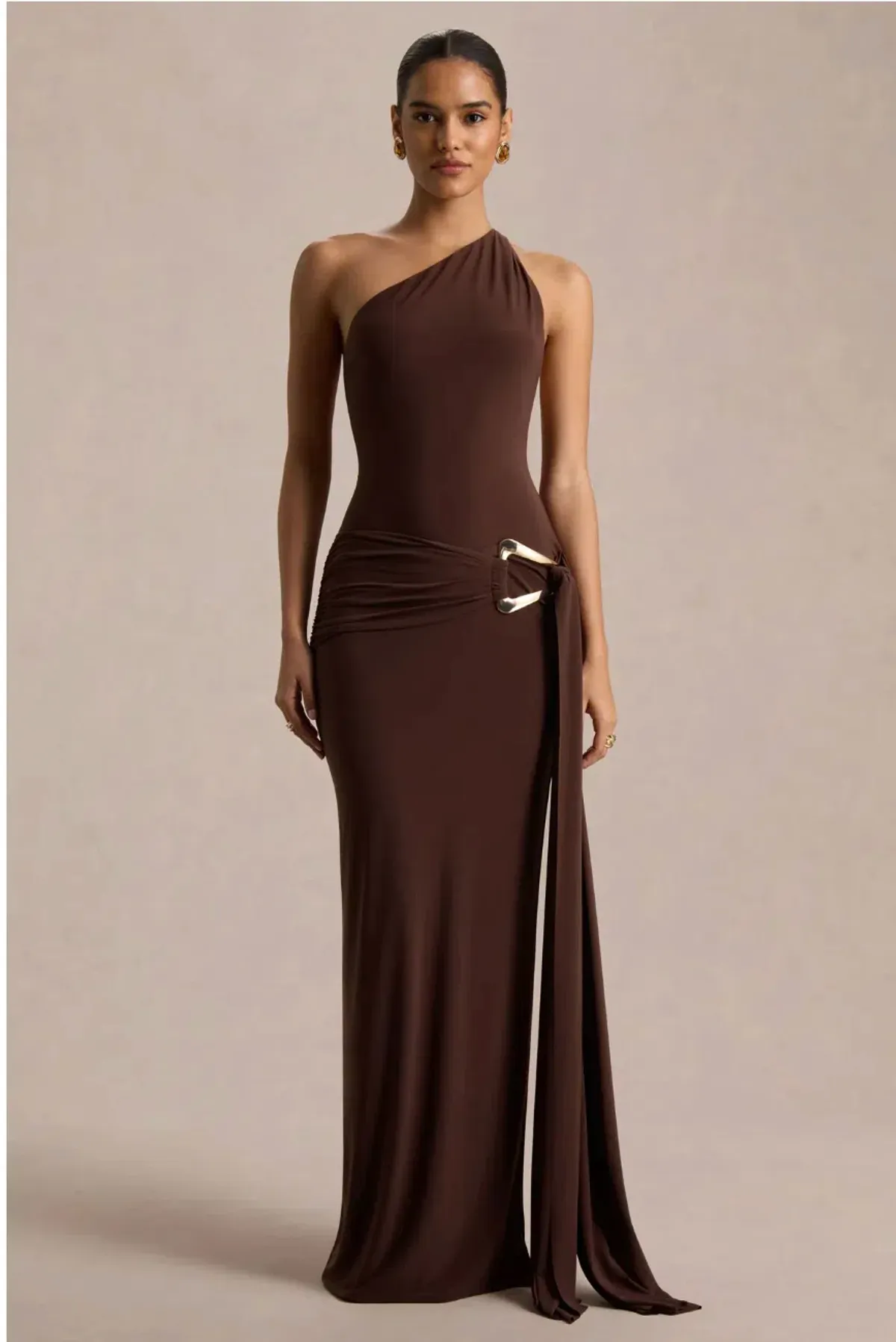 Bonnie Brown Asymmetric-Neck Maxi Dress With Open-Back - Image 1