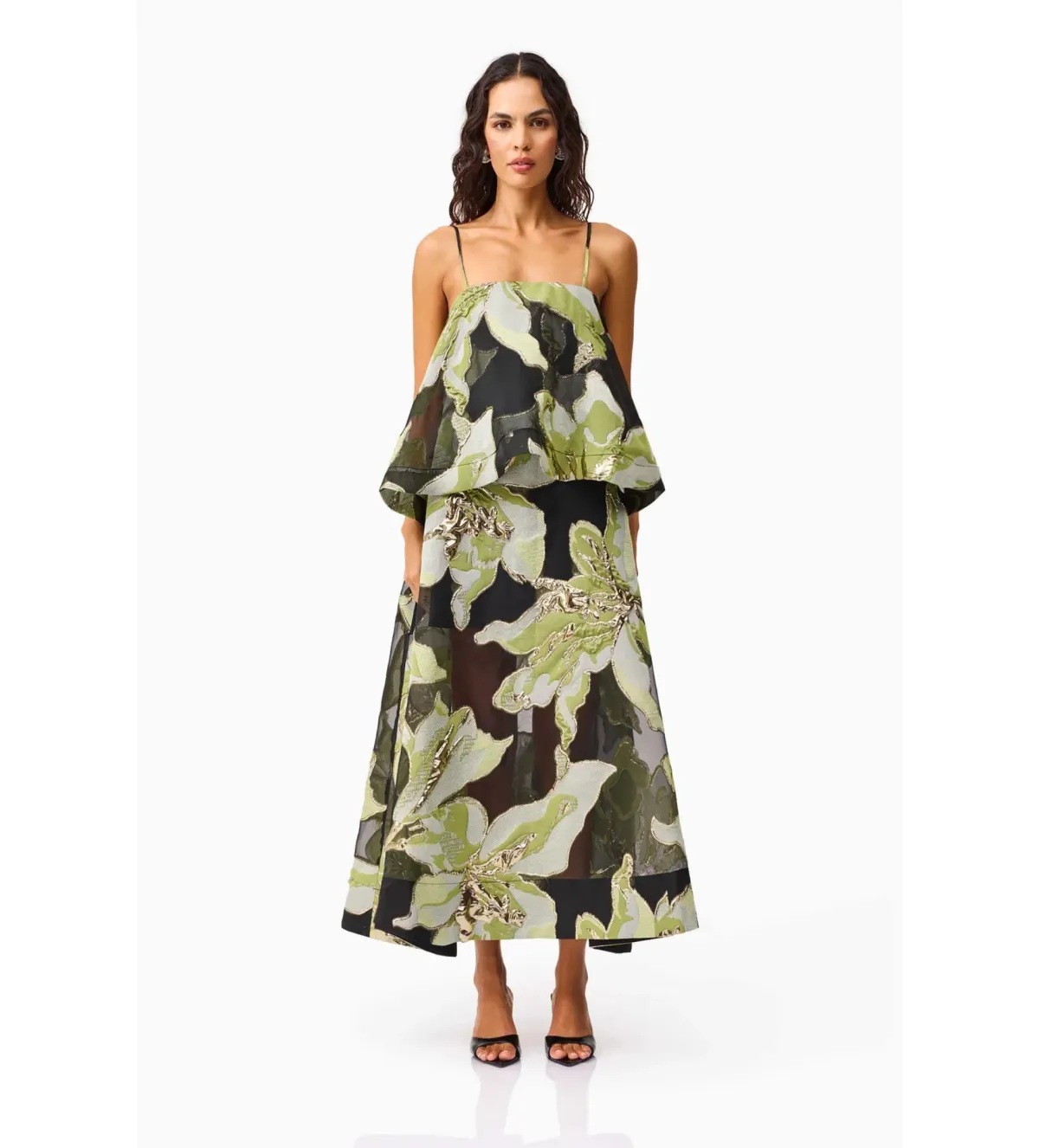 Elliatt Elysia Tiered Gown Black and Green Floral Size L AU 12 - Image 1