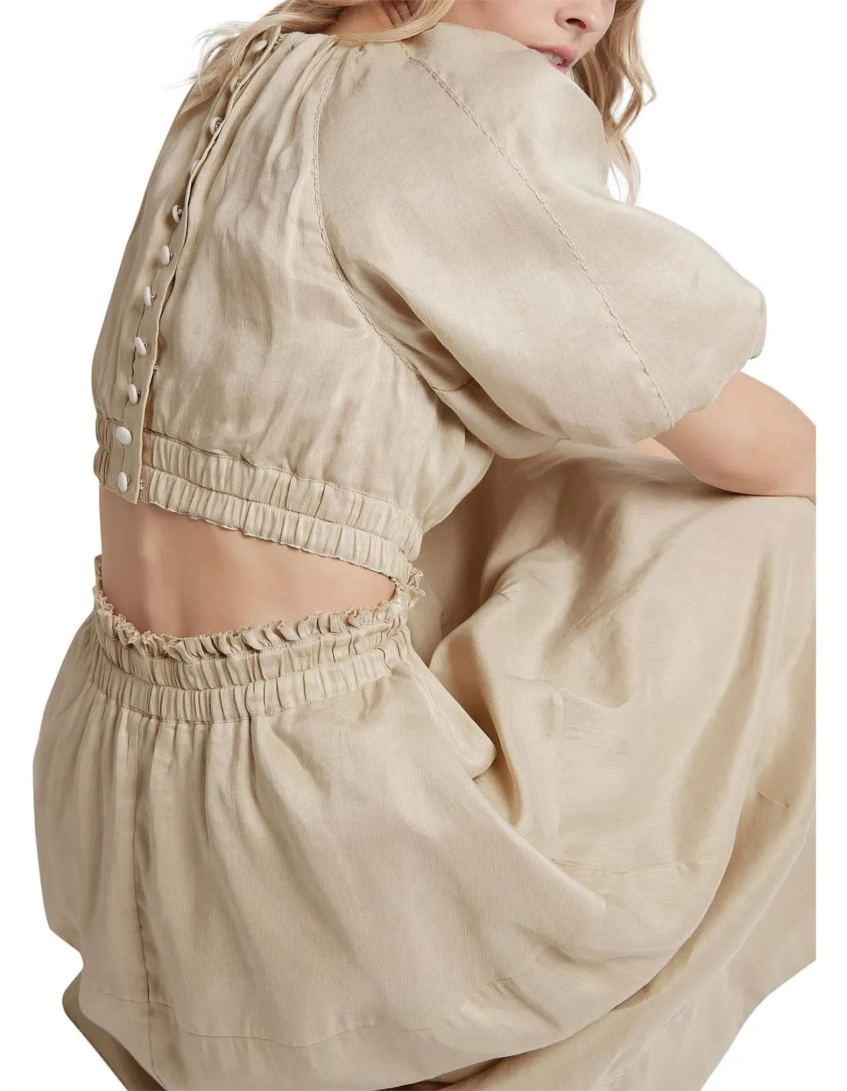 AJE Euphoria Linen Puff Sleeve Cut Out Stone Midi Dress - Image 4