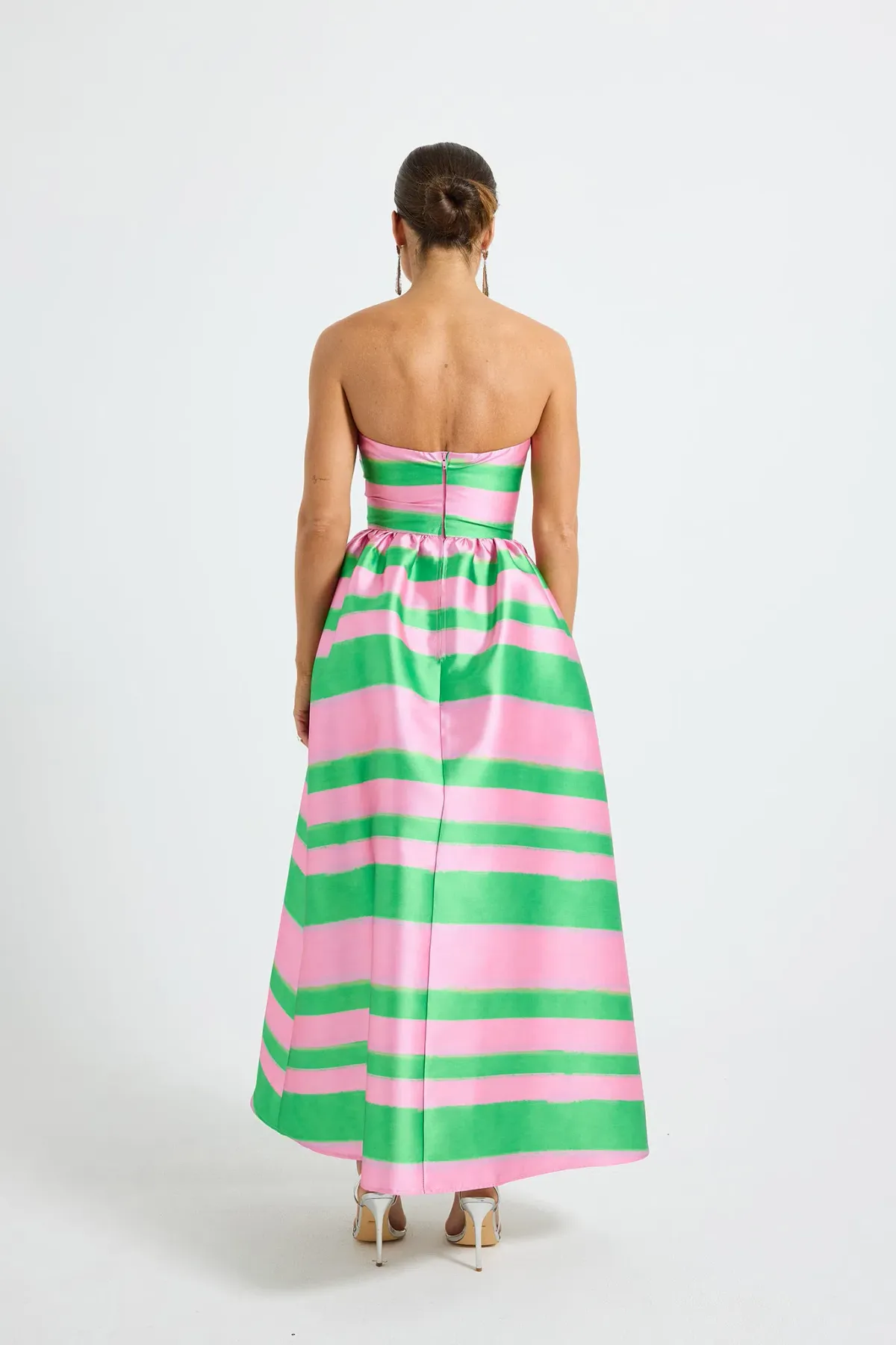 Pasduchas Gigi Strapless Midi Dress in Watermelon Green/Pink Stripe Print Size 10 - Image 3