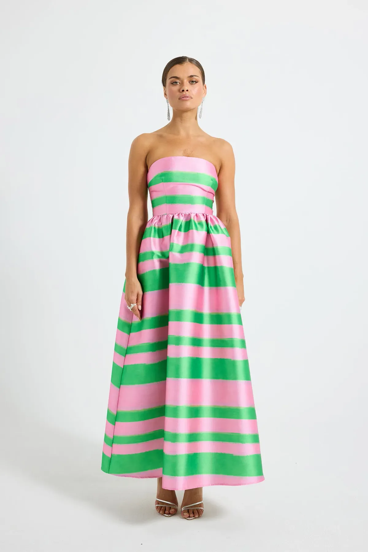 Pasduchas Gigi Strapless Midi Dress in Watermelon Green/Pink Stripe Print Size 10 - Image 1
