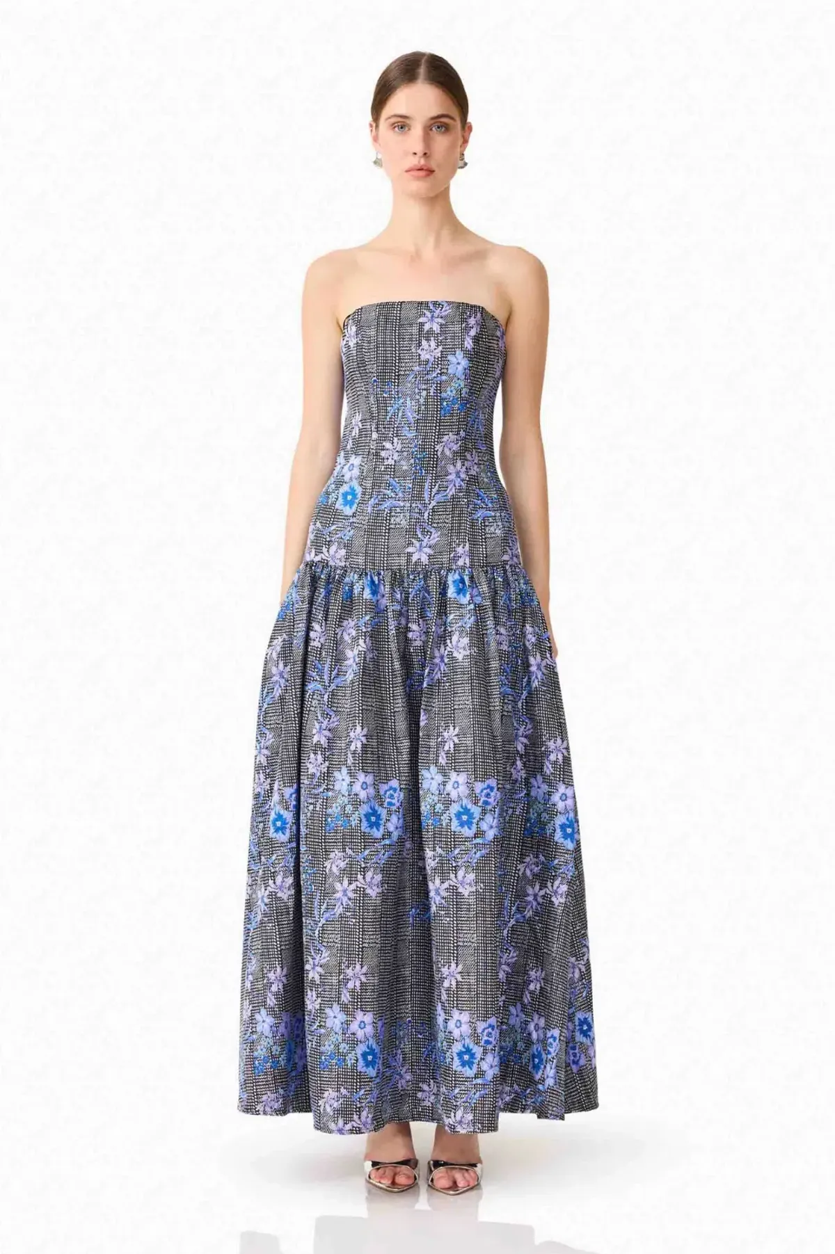 Allana Jacquard Strapless Gown in Black & Blue Floral - Image 2