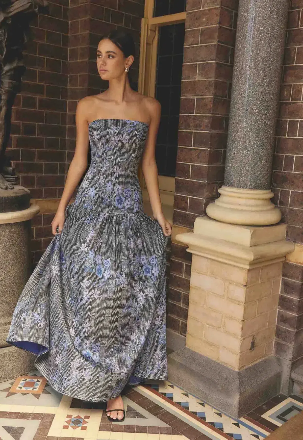 Allana Jacquard Strapless Gown in Black & Blue Floral - Image 1