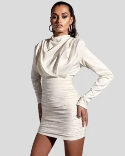 House Of CB Giorgiana Satin Draped Ruched Dress Ivory Cream 6 Extra Small XS for rent on The Volte - image 2