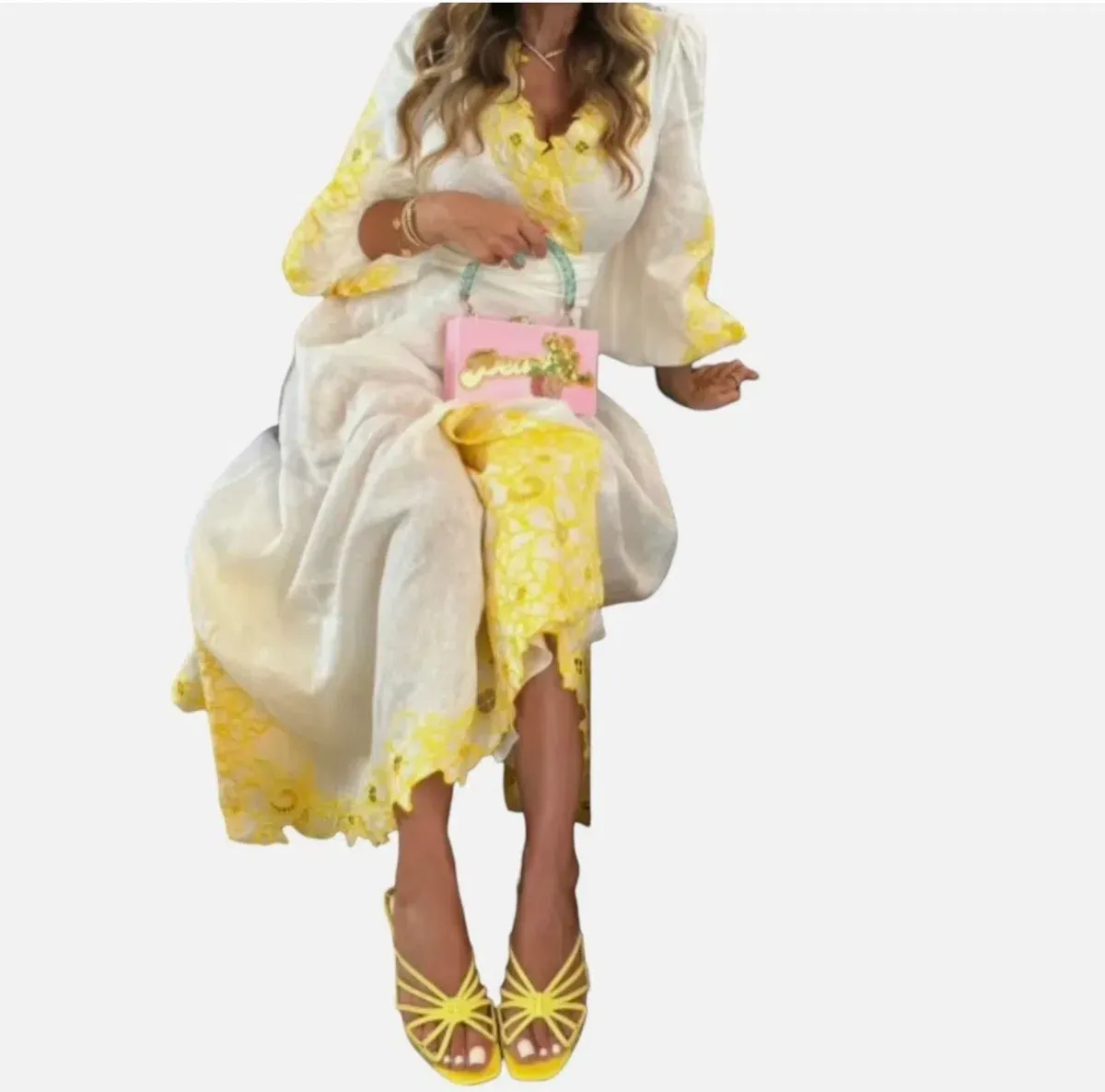 Zimmermann Golden Embroidered Midi Dress | White/Yellow, Wrap Style Size 3 /14 Anglaise, Dolman - Image 6