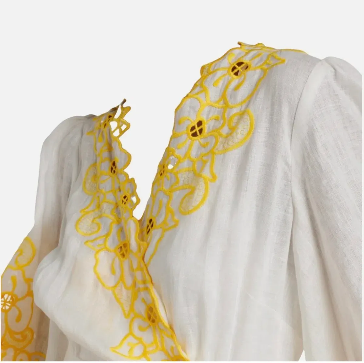 Zimmermann Golden Embroidered Midi Dress | White/Yellow, Wrap Style Size 3 /14 Anglaise, Dolman - Image 9