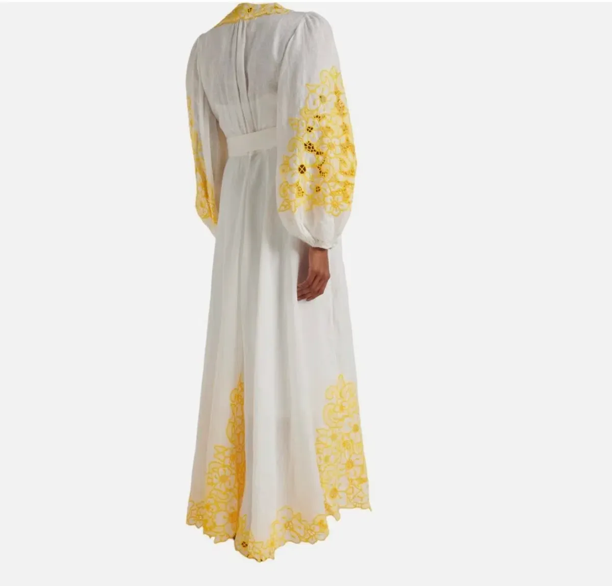 Zimmermann Golden Embroidered Midi Dress | White/Yellow, Wrap Style Size 3 /14 Anglaise, Dolman - Image 8
