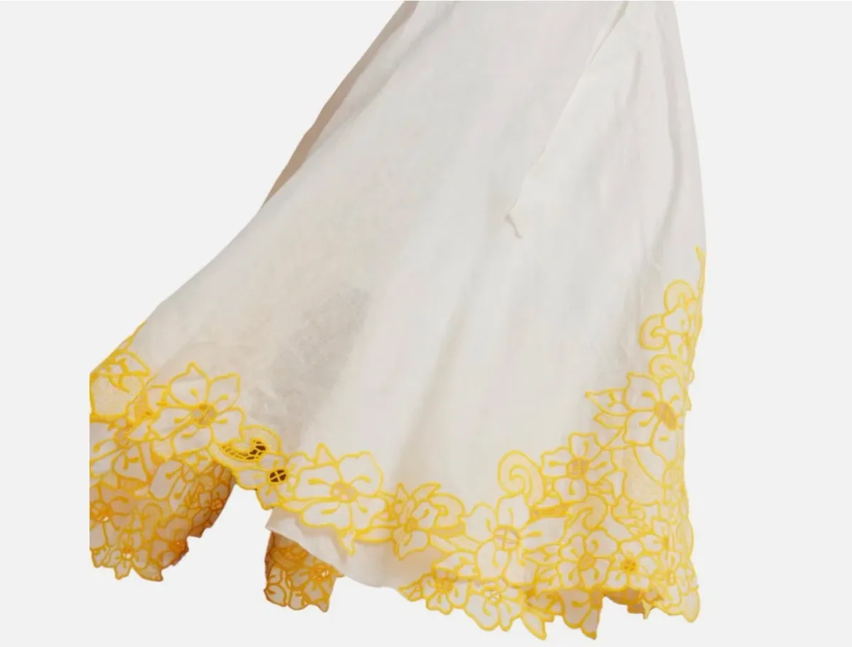 Zimmermann Golden Embroidered Midi Dress | White/Yellow, Wrap Style Size 3 /14 Anglaise, Dolman - Image 11