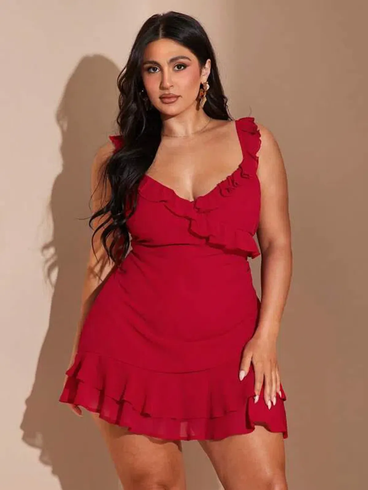 V-Neck Flounce Hem Red Mini Dress Size 20 - Image 1