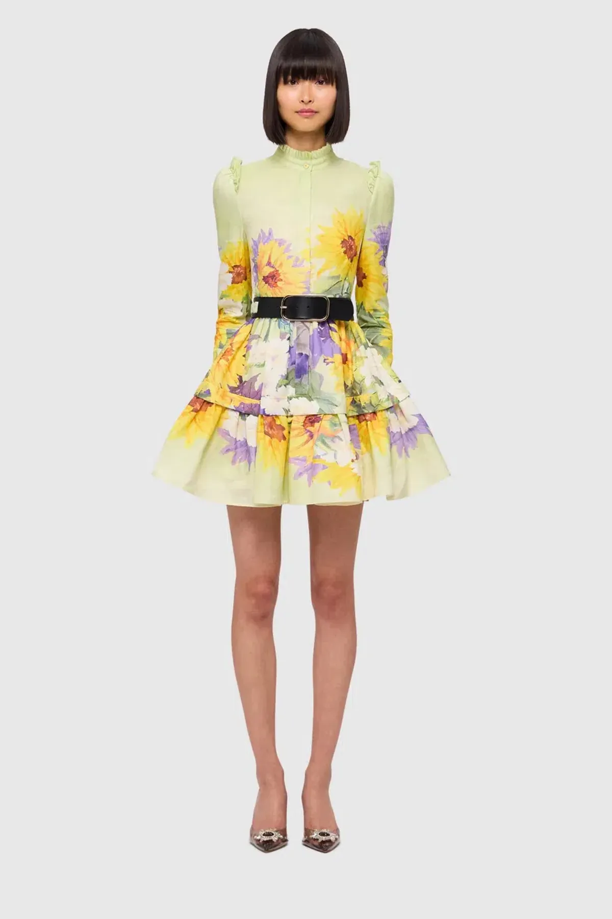 Leo Lin Christina High Neck Mini Dress - Sunflower Print in Green. Size 10 - Image 2