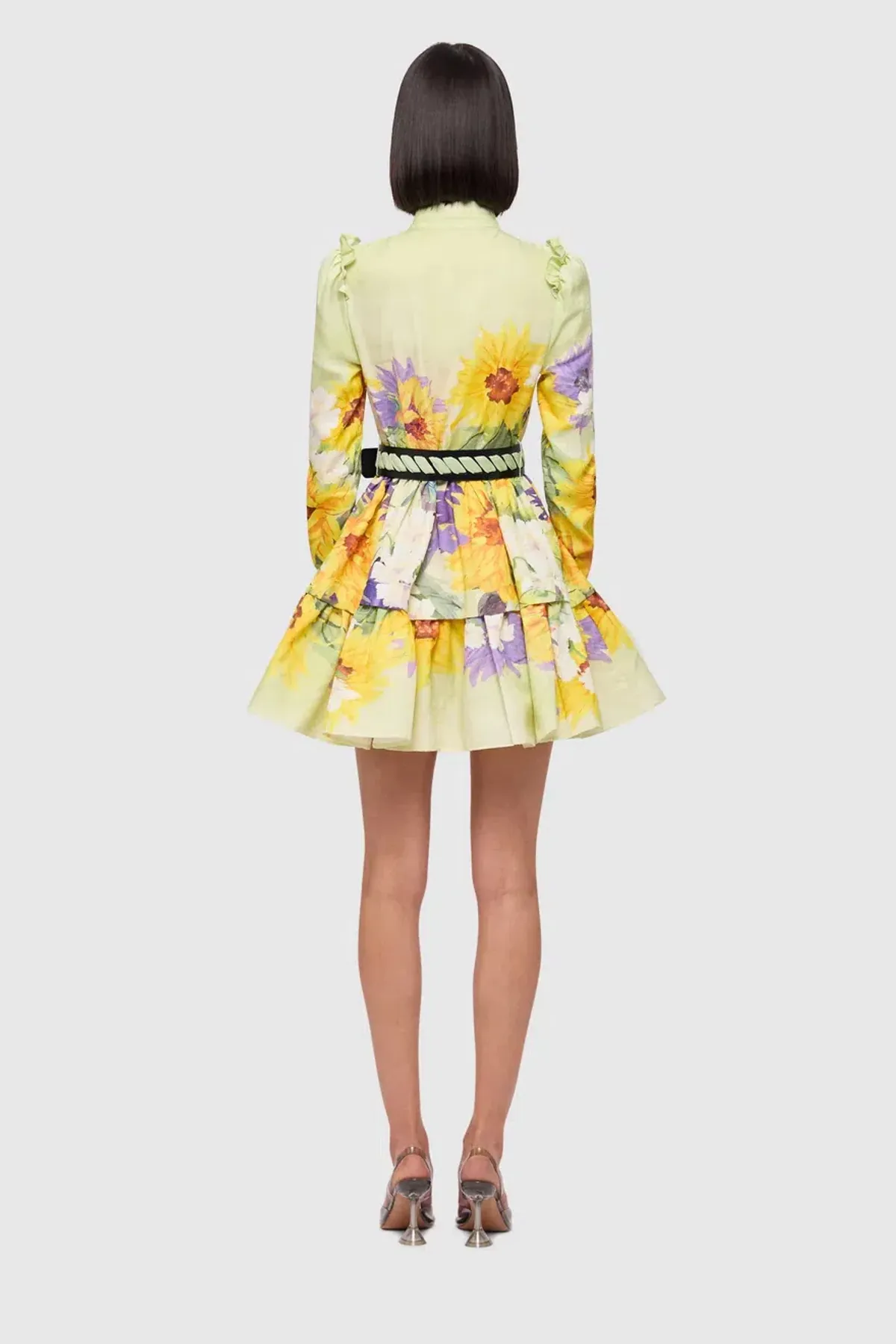 Leo Lin Christina High Neck Mini Dress - Sunflower Print in Green. Size 10 - Image 3