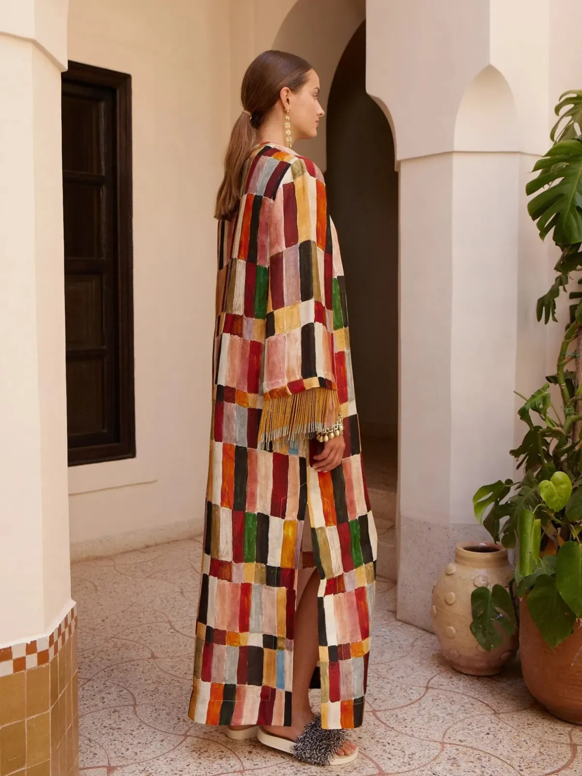 Alemais Majorelle Print Dress Size 16 Linen Silk Fringed Long Sleeve Maxi Tunic - Image 2